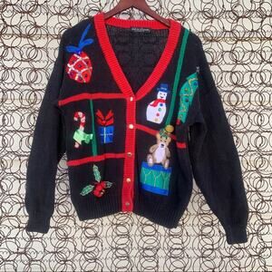 Vintage knit ugly Christmas cardigan sweater sampler applique bell present tree